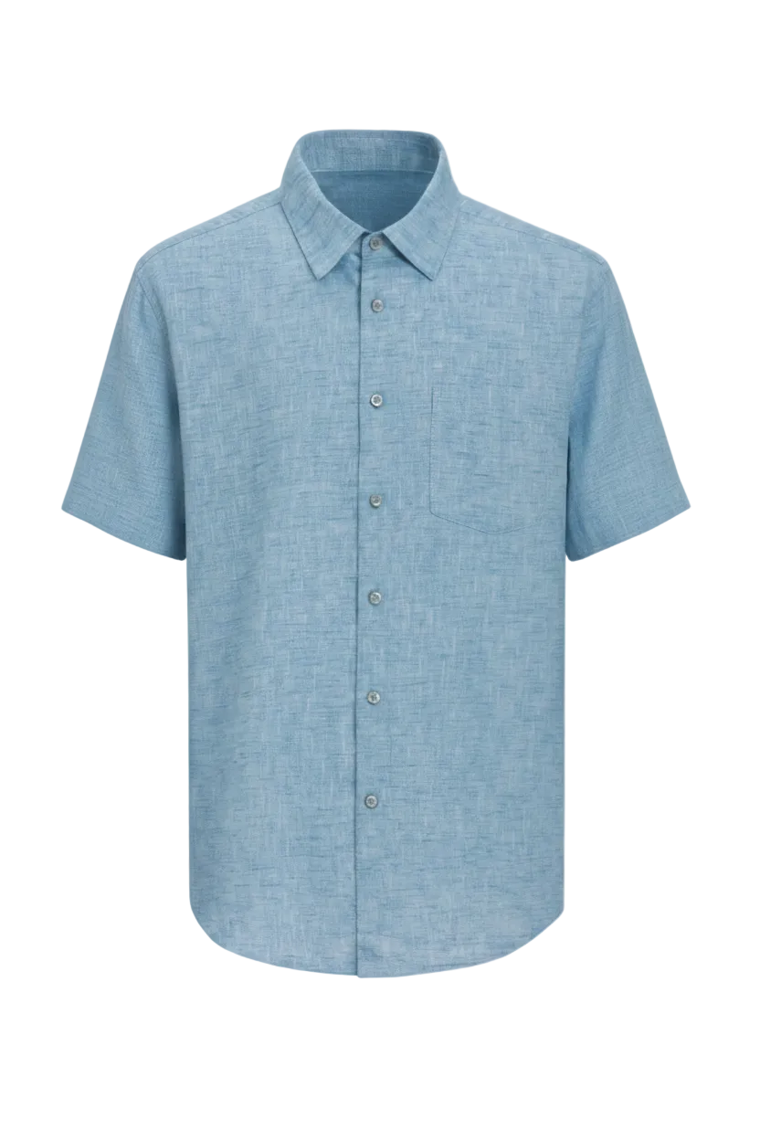 Camisa De Lino Manga Corta Celeste