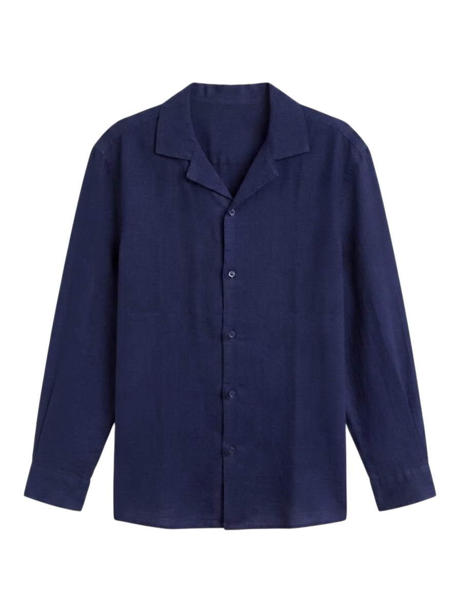 Camisa De Lino Relaxed Fit Navy Manga Larga