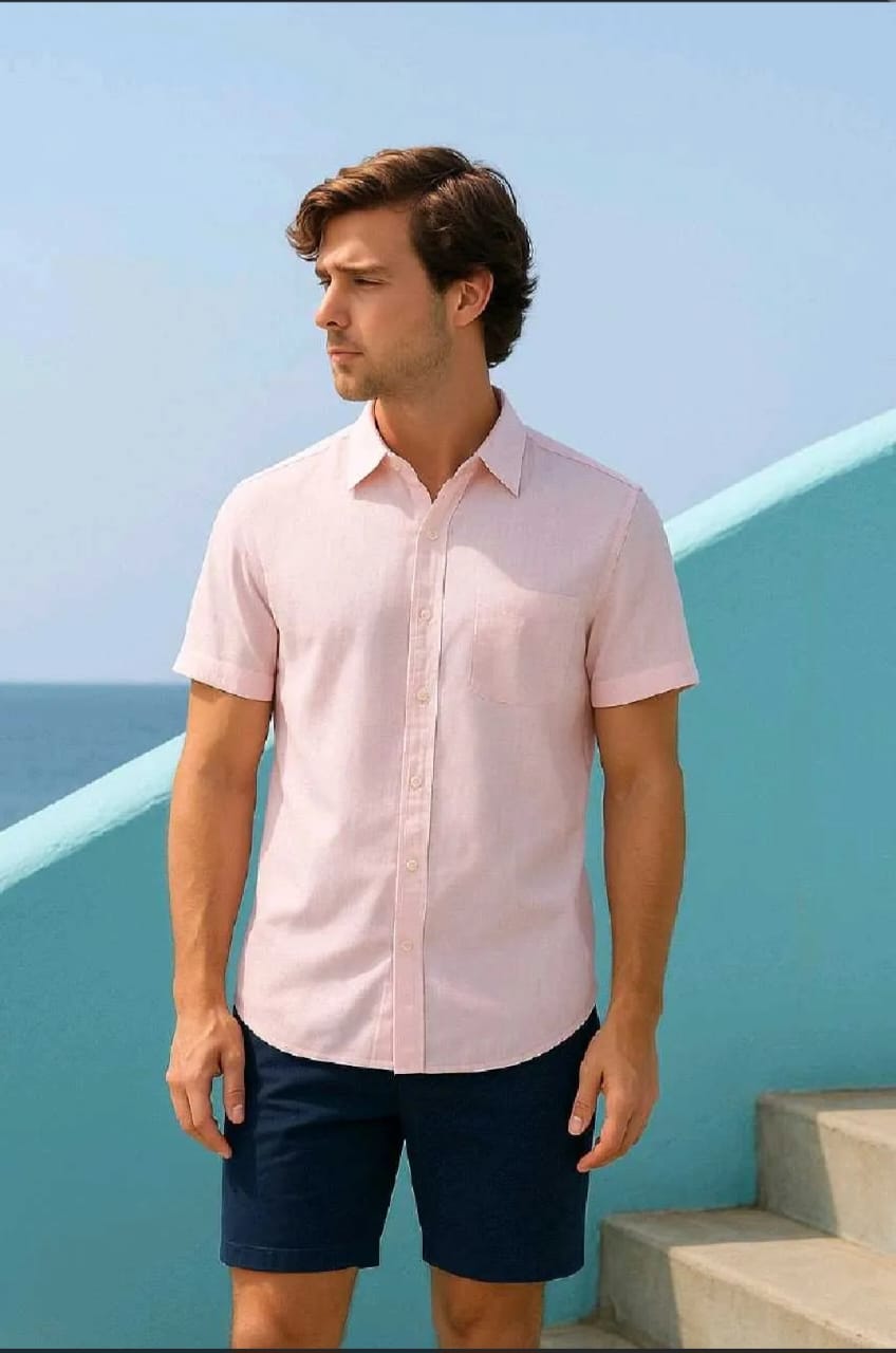 Camisa de Lino Manga corta Rosado