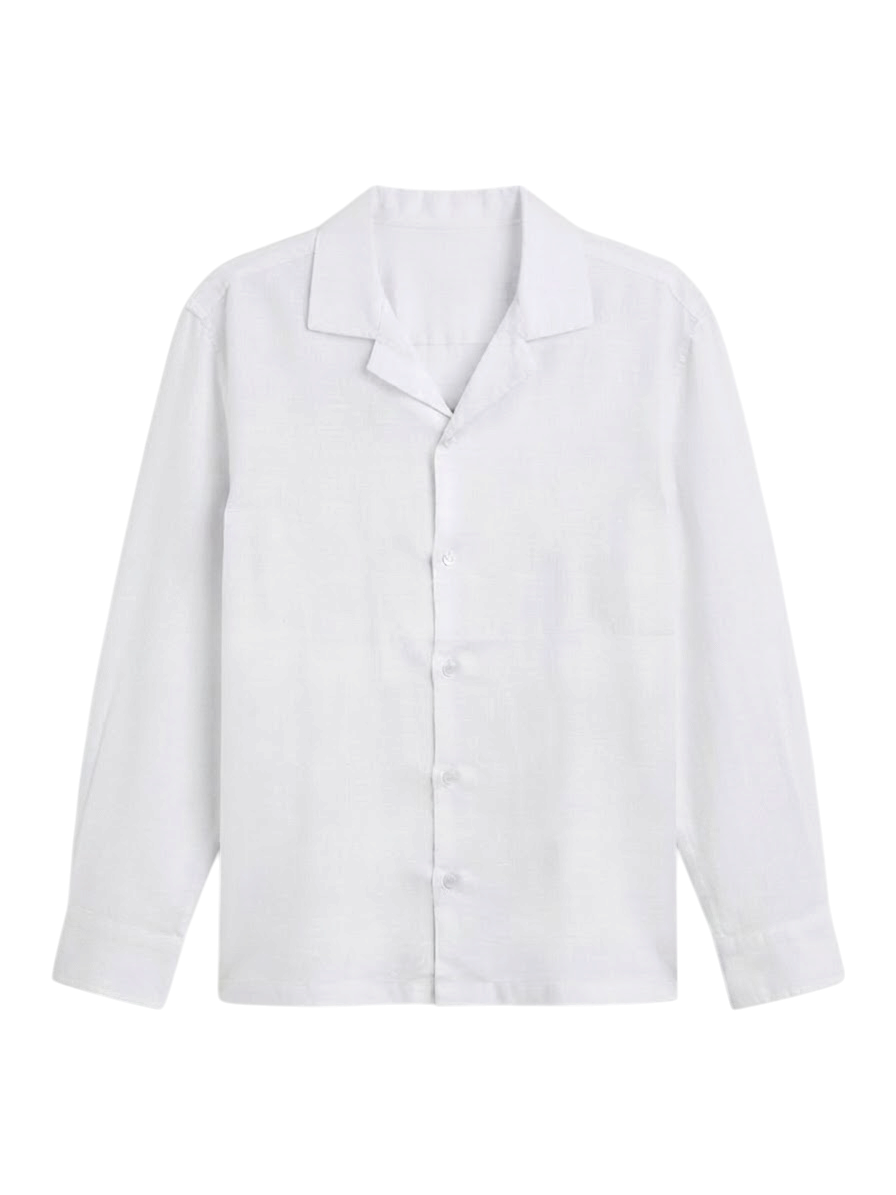 Camisa De Lino Relaxed Fit Blanco Manga Larga