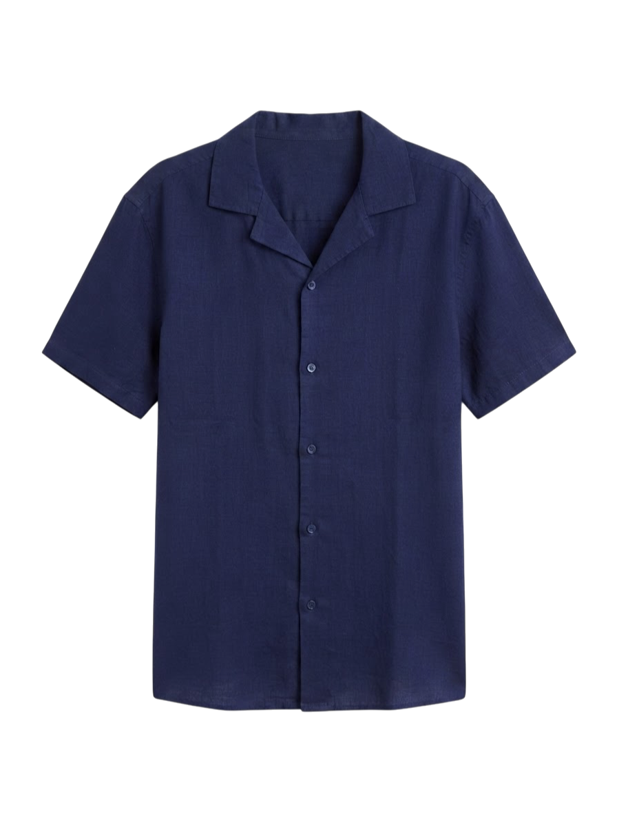 Camisa De Lino Relaxed Fit Navy Manga Corta