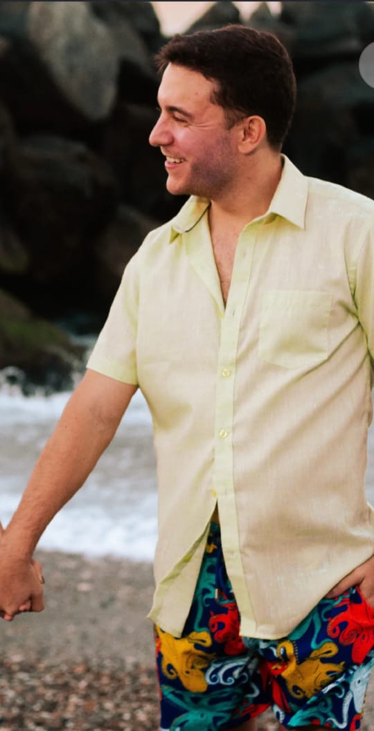 Camisa de Lino Manga corta Verde limon