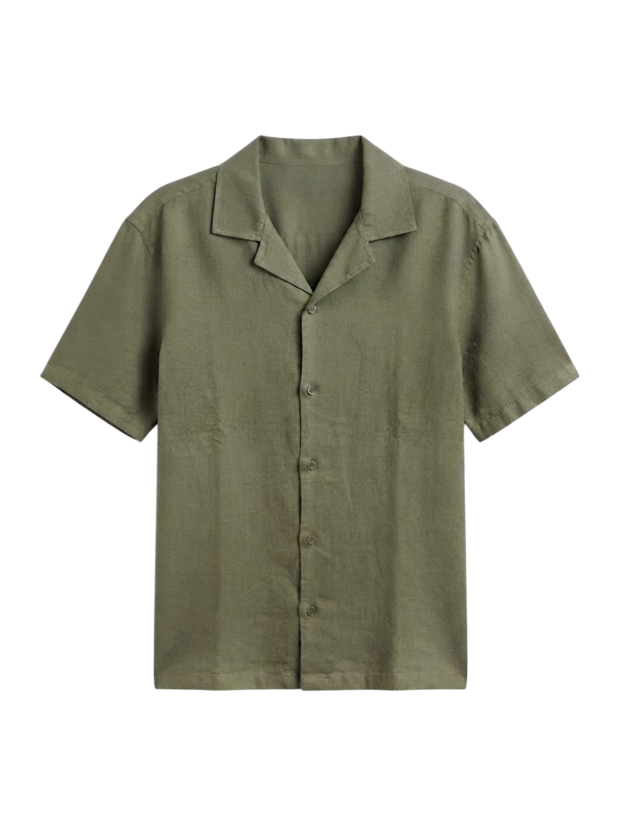 Camisa De Lino Relaxed Fit Oliva Manga Corta