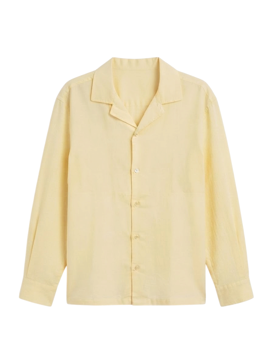 Camisa De Lino Relaxed Fit Amarillo Manga Larga
