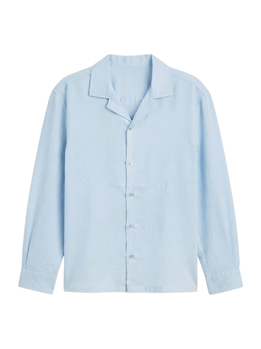 Camisa De Lino Relaxed Fit BabyBlue Manga Larga