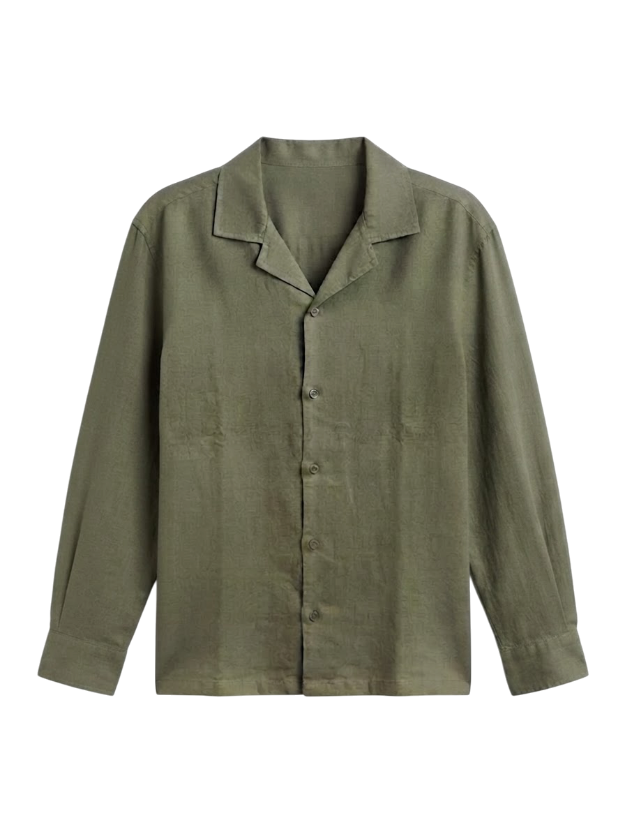 Camisa De Lino Relaxed Fit Oliva Manga Larga