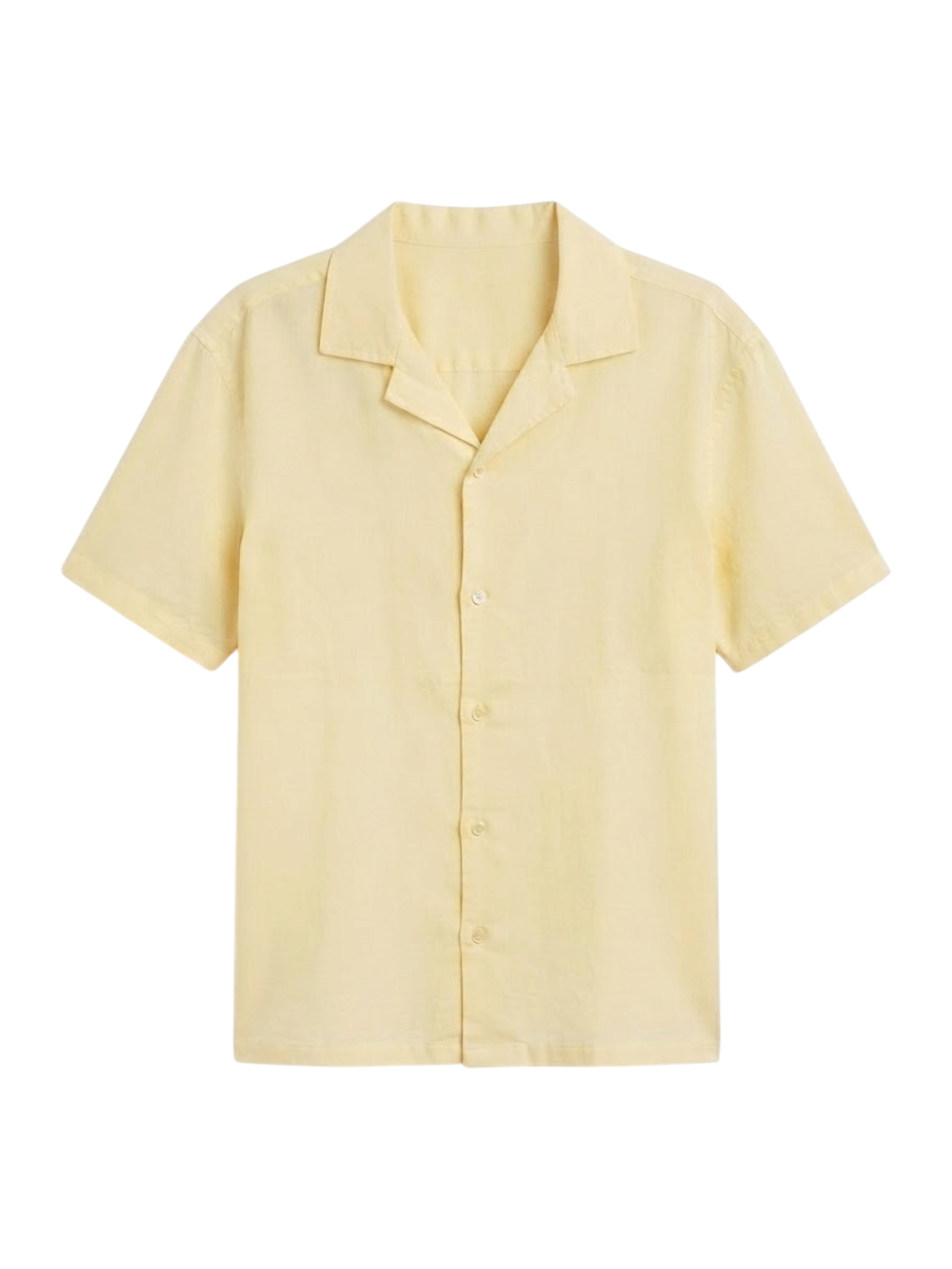 Camisa De Lino Relaxed Fit Amarillo Manga Corta